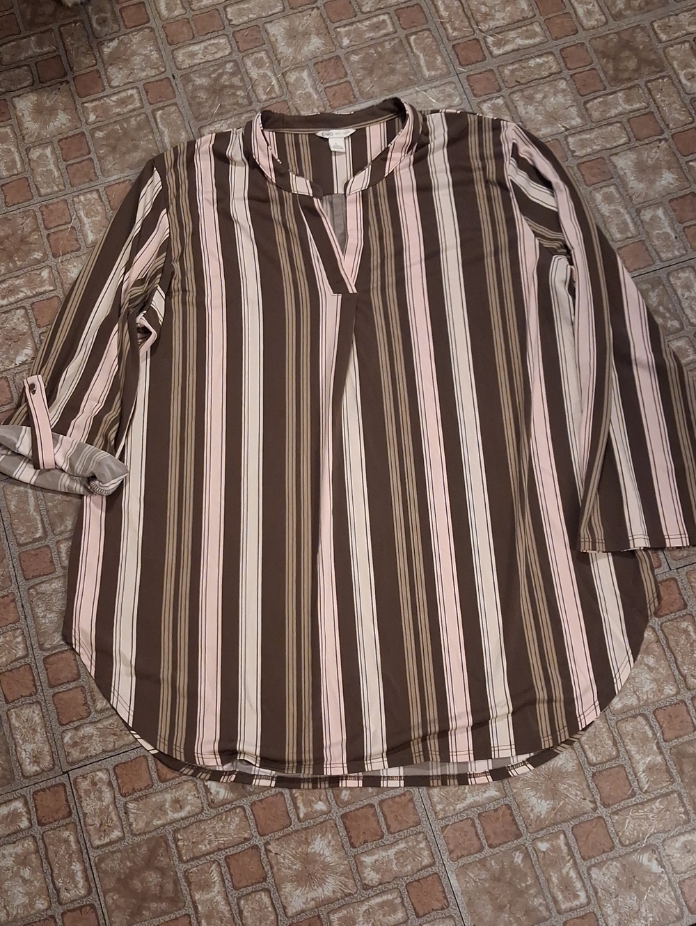 Cato Vertical Stripe V-Slit Tunic in Brown and Pink Size Large